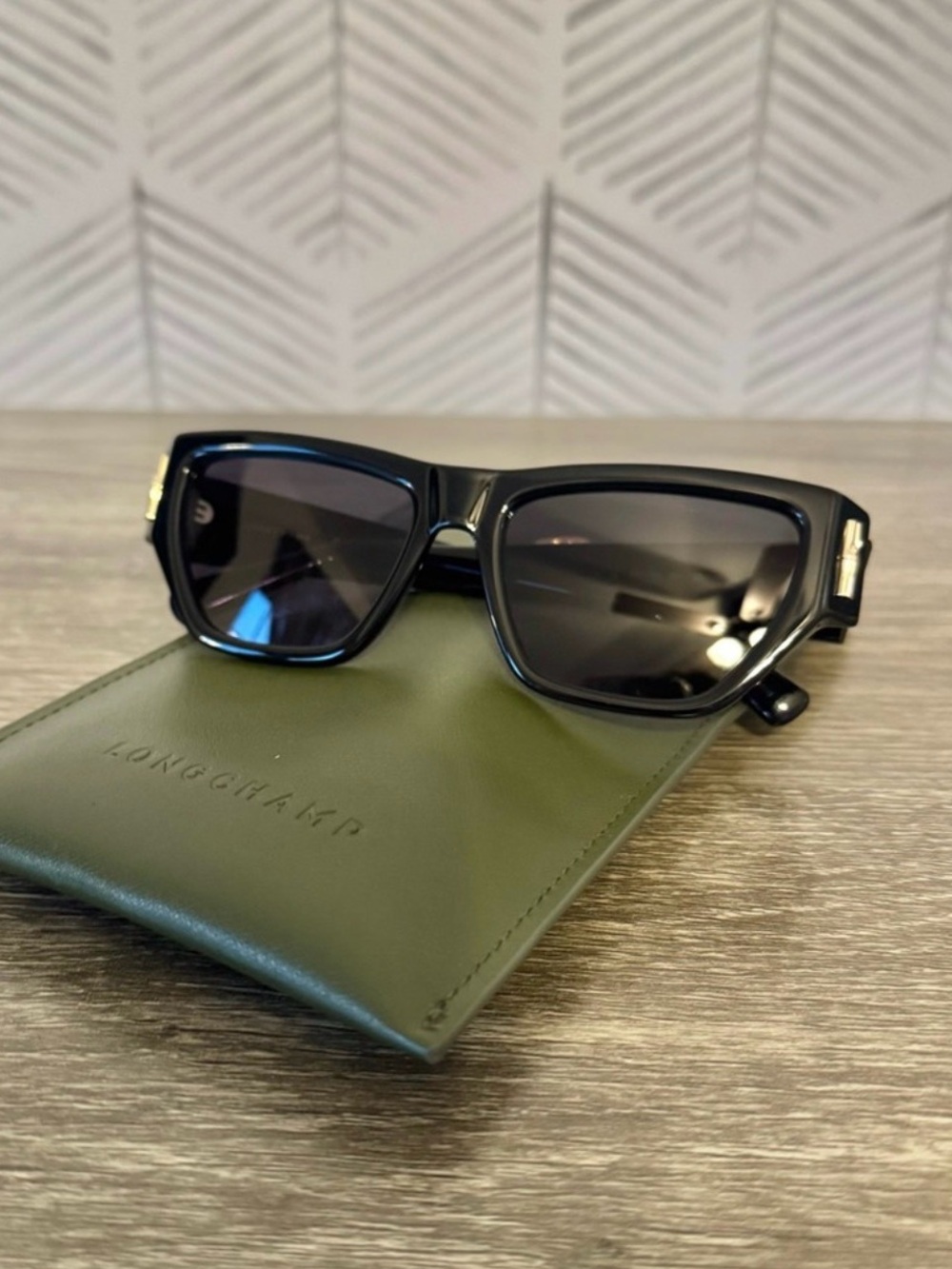 Longchamp Black Sunglasses with Olive Green Pouch